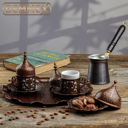 DEMMEX Turkish Greek Arabic Coffee Making and Serving Full Set with Cups Saucers Lids Sugar Bowl Tray and Copper Coffee Pot, Hand Decorated with Gold Crystals, 12 Pcs