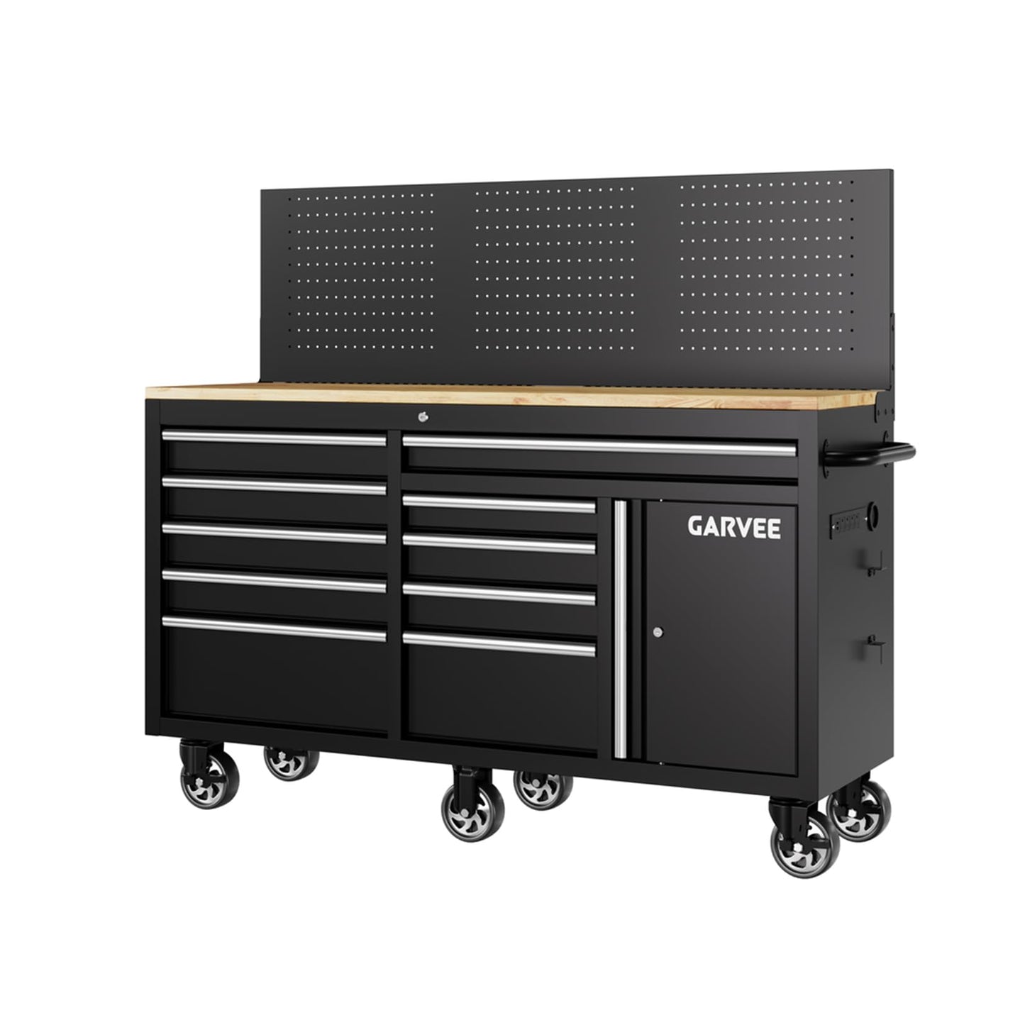 60 Inch Rolling Tool Chest Workbench, 10 Drawer Tool Box with Pegboard & Lock, Mobile Garage Tool Cabinet with Charging Station, Heavy Duty Workbench for Workshop, Black