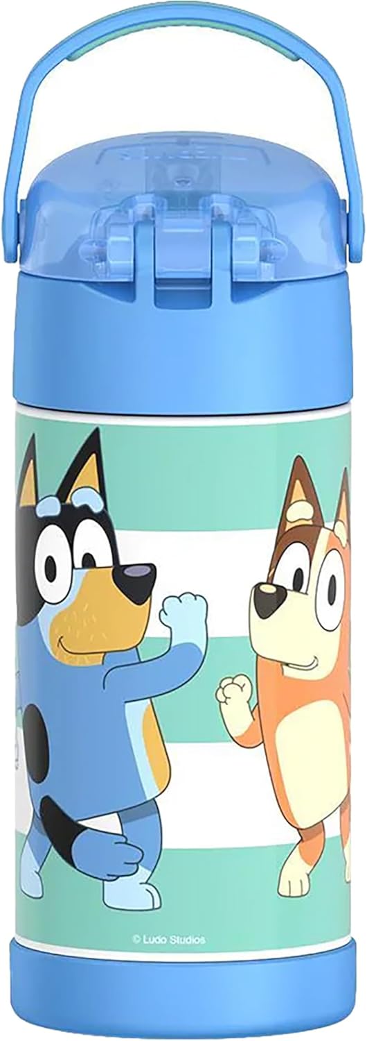 THERMOS FUNTAINER Water Bottle - 12 Ounce Kids Stainless Steel Vacuum Insulated with Straw - Bluey Design