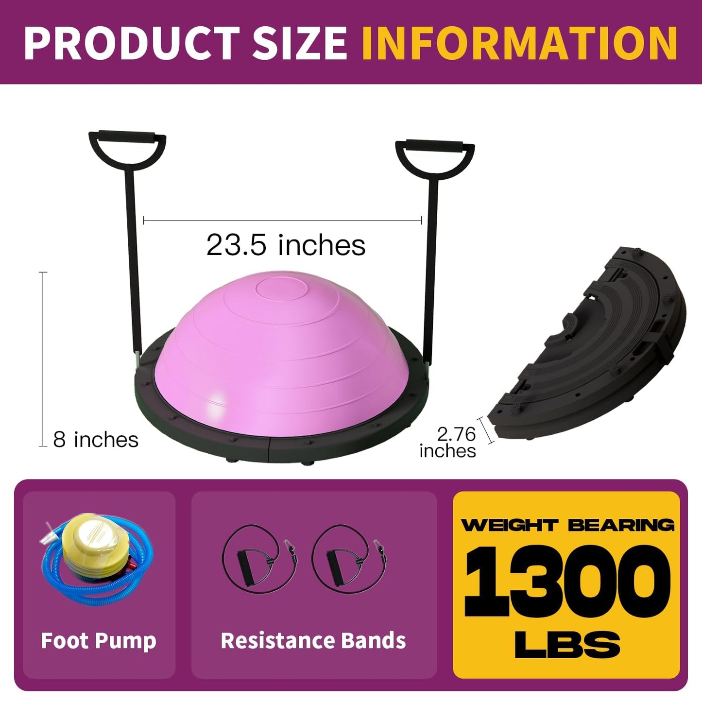 VTORY Foldable Balance Ball, Upgrate Half Ball Balance Trainer for Workout, 1300 lbs Capacity Stability Ball, 23.5 Inch Yoga Half Ball, with Resistant Band & Foot Pump, Full Body Workout, No-Slip Pink