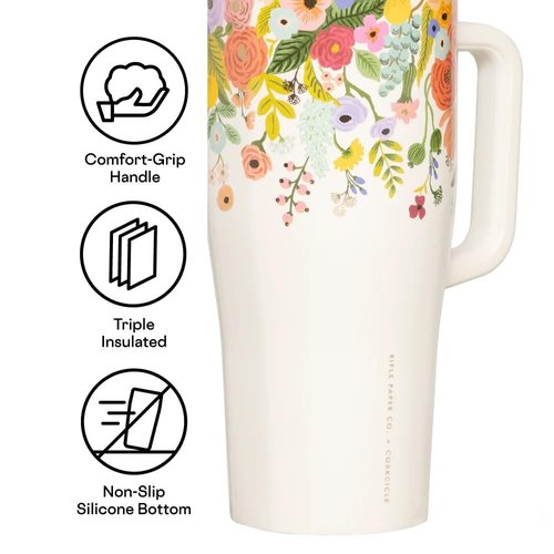 Corkcicle x Rifle Paper Co. Cruiser Insulated Tumbler with Handle & Straw - Triple-Insulated - Leakproof Travel Mug - BPA-Free - Summer Drinkware Gift - Keeps Drinks Ice Cold - 22 oz - Garden Party