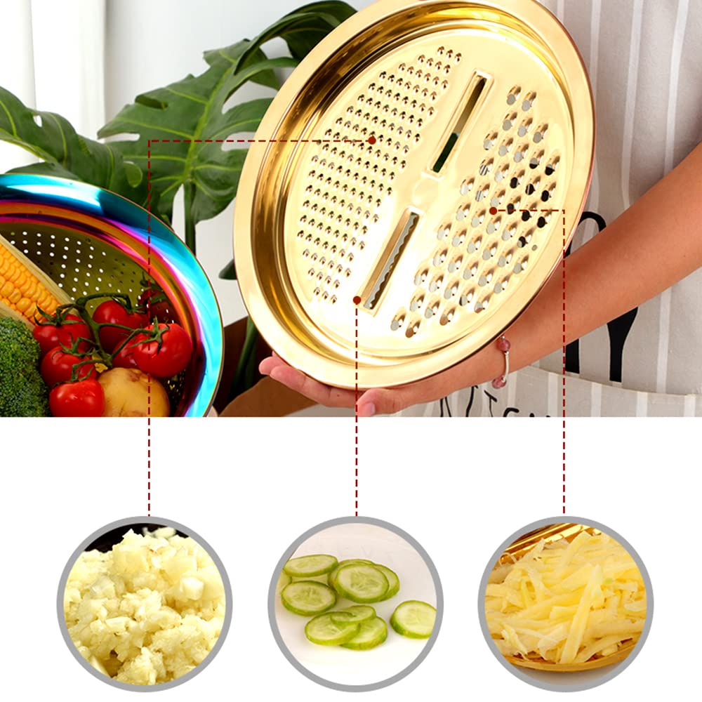 QOBIMOON 3PC/Set Colander set Stainless Steel Vegetable Slicer Fruit Potato Peeler Carrot Grater Strainer Utensil Round Rice Washer Bowl Drain Basket-Gold