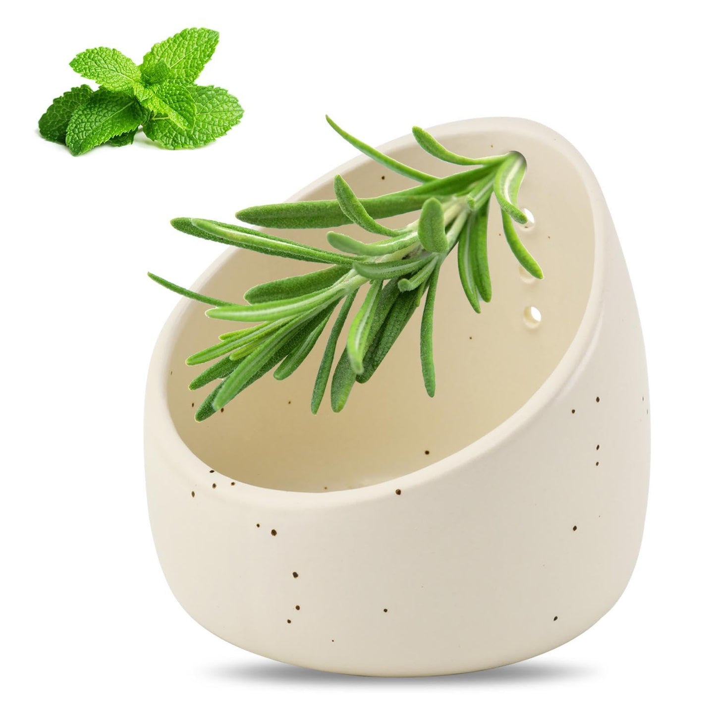 Herb Stripper Bowl, Handmade Ceramic Herb Stripper, Pottery Kitchen Efficient Leaf Removal Tool Available in Different Hole Sizes for Peeling the Stemmed Leaves(Color:White)