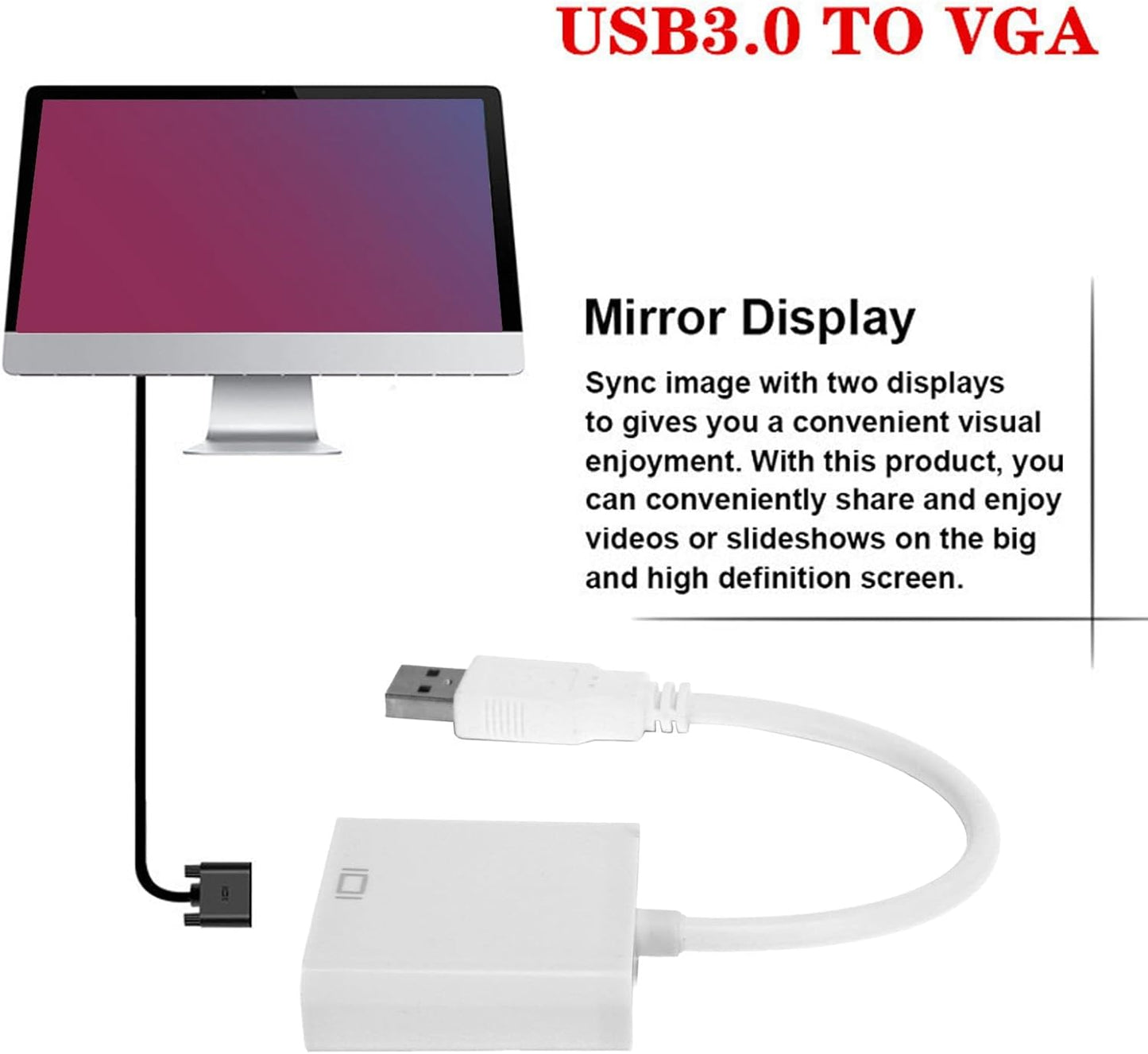 BONKZEBU 3.0 1080P USB to VGA Converter Cable HD Video Adapter External Video Card for PC Laptop Desktop Monitor