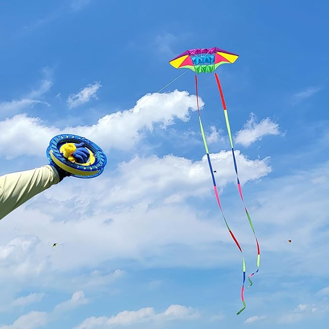 Beach Kites for Adults Large with Long Tail, 98 inches Super Easy Flyer 3D Rainbow Box Kites, Comes with Two 49 Feet Multi Colors Tails, 300 ft Kite String & Handle