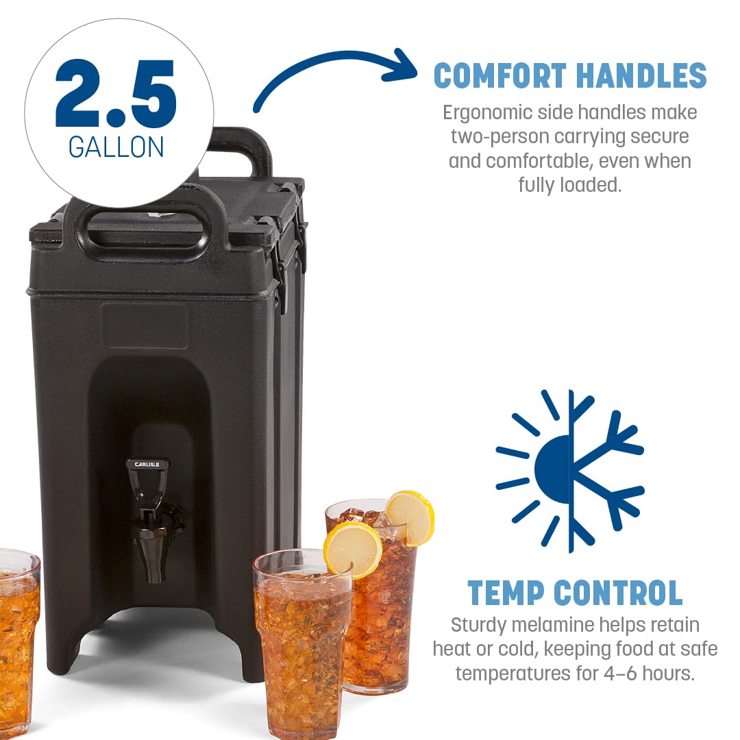 Carlisle FoodService Products Cateraide Insulated Beverage Dispenser with Handles for Catering, Events, Kitchens, And Restaurants, Plastic, 2.5 Gallons, Black