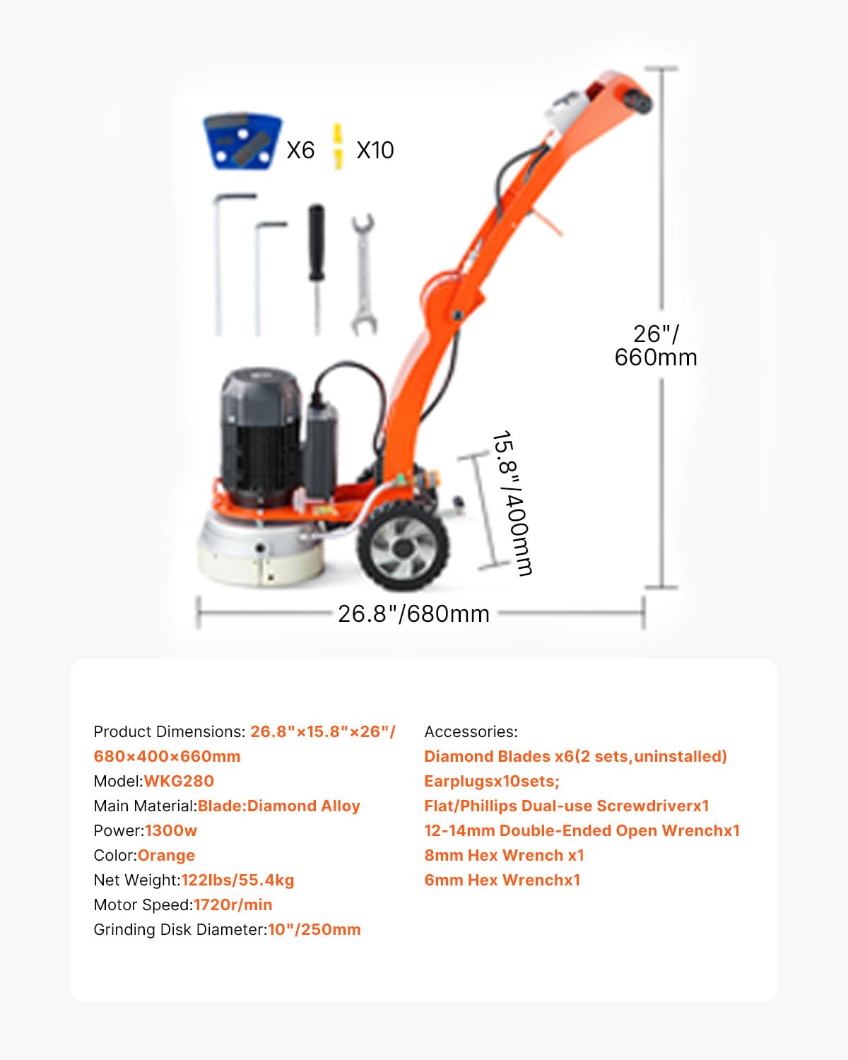 VEVOR 10-Inch Electric Concrete Floor Grinder, 1.7HP Walk-Behind Polisher, 1300W, 1720RPM Brushless Motor