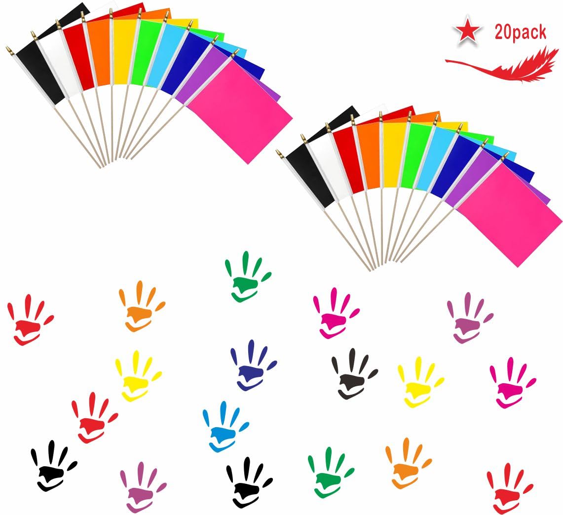 20 Pack Red Orange Yellow Green Blue Purple Black White Pink Small Mini Wood Stick Flag Set, 5x8 Inch Solid Color Blank HandHeld Small Miniature Plain Flags for DIY Graffiti