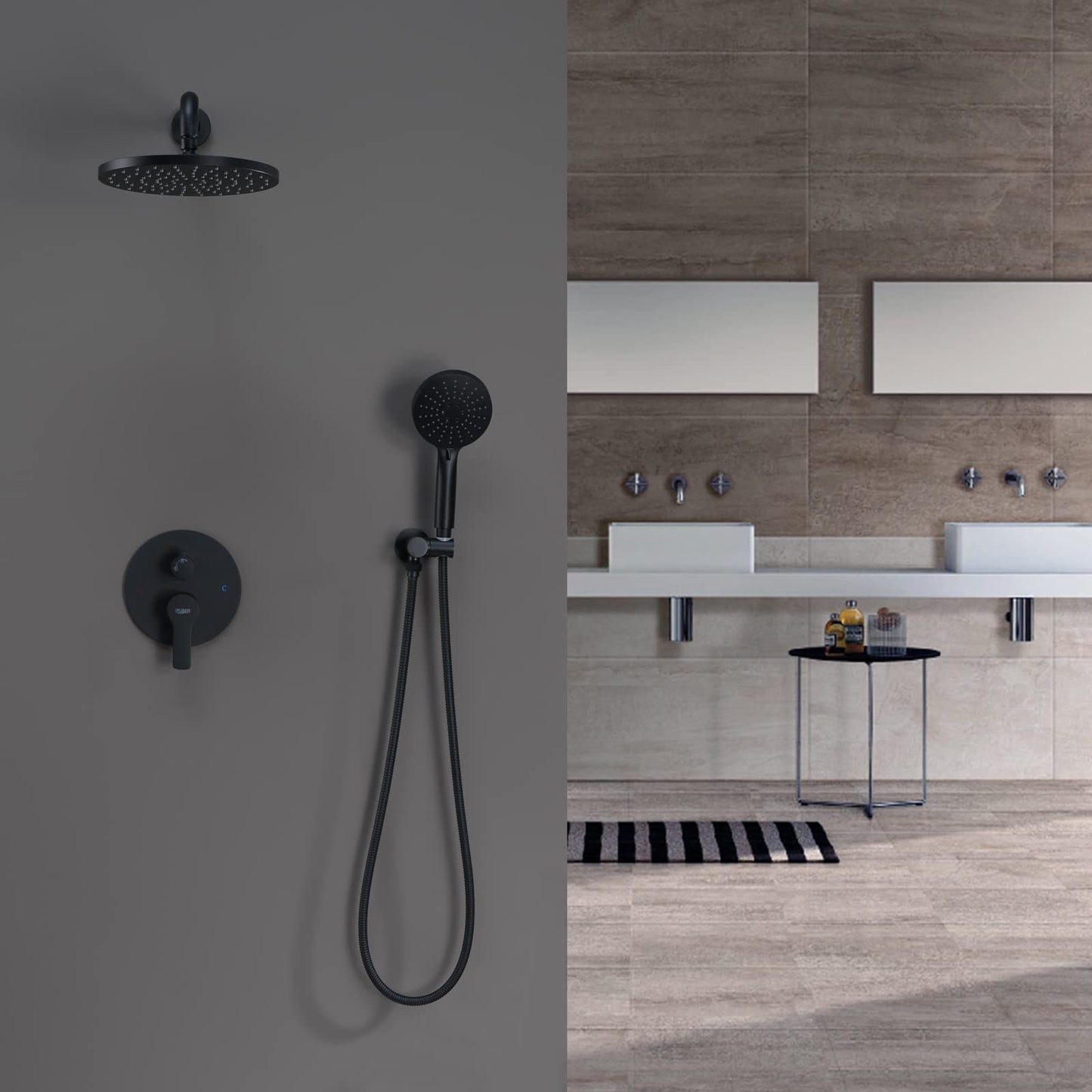 Iriber Shower System Wall Mounted Shower Faucet Mixer Set with Luxury High Pressure Shower head and 3-Setting Handheld, Bathroom Shower Trim Kit Contain Pressure Balance Valve, Matte black