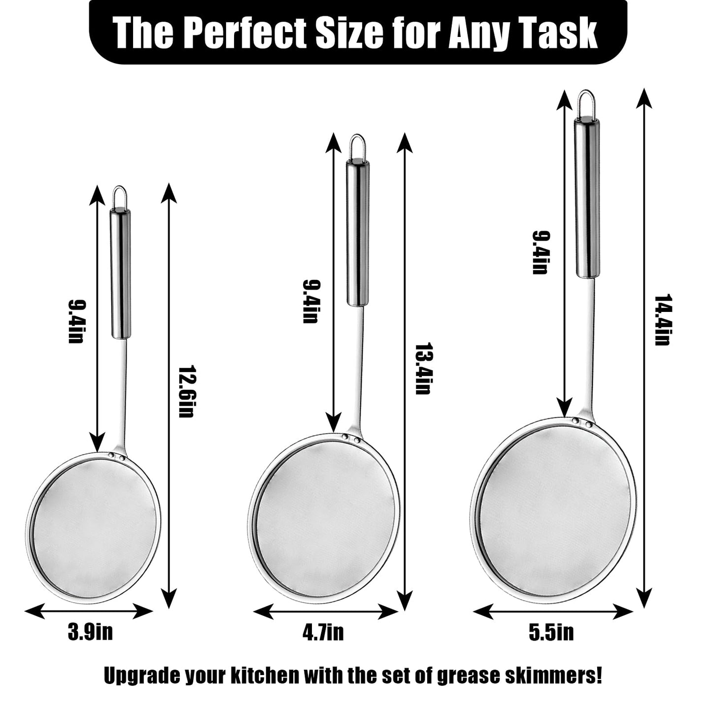 3 Pack Fat Skimmer Spoon Multi-Functional Stainless Steel Hot Pot Fat Strainer with Fine Mesh (4”, 4.7”, 5.5”) Long Handle for Frying, Soup, Quinoa, Miso