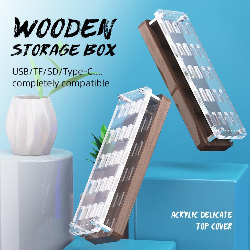 FEIFANZHE 20 Case-F02MY-U Walnut Wooden Memory Case and Storage Box - USB Slots Holder Desk, Flash Disk Protection Box