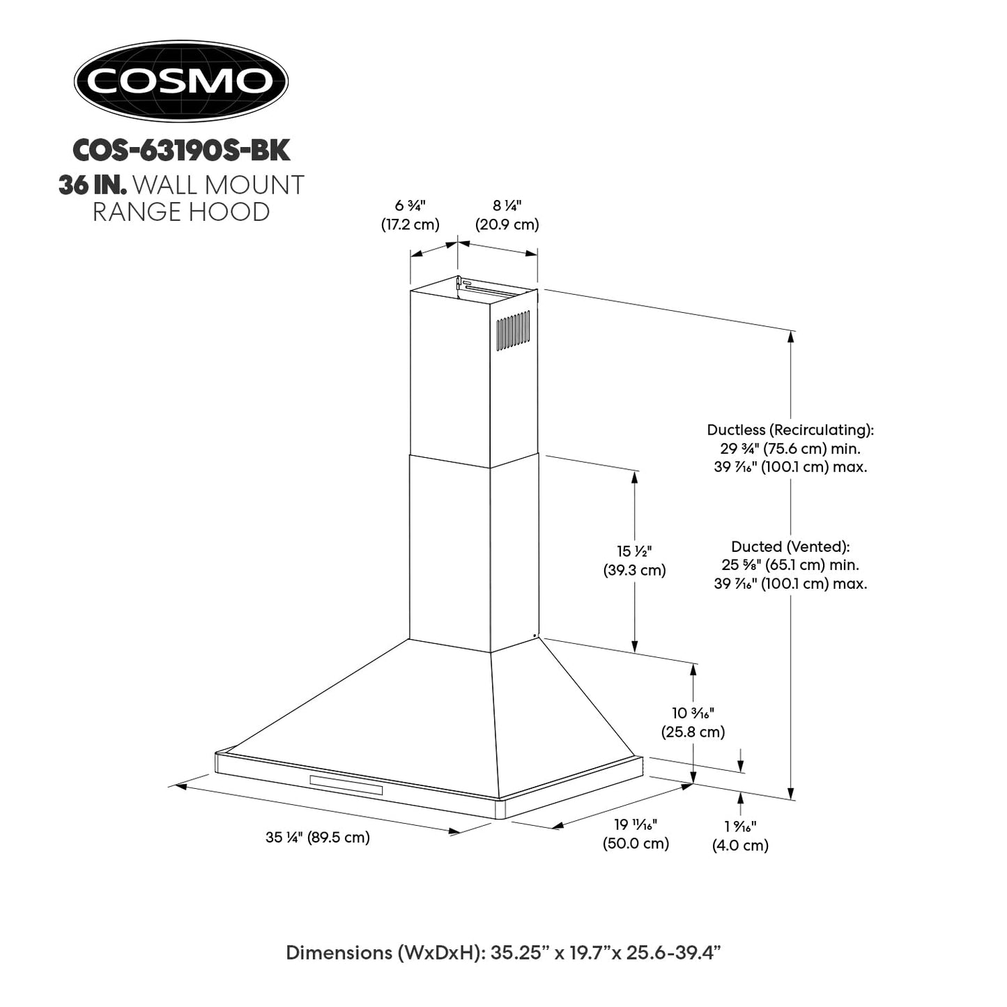 36 in. Vista Collection 380 CFM Ducted Wall Mount Range Hood, Touch Controls, LED Lights, Matte Black