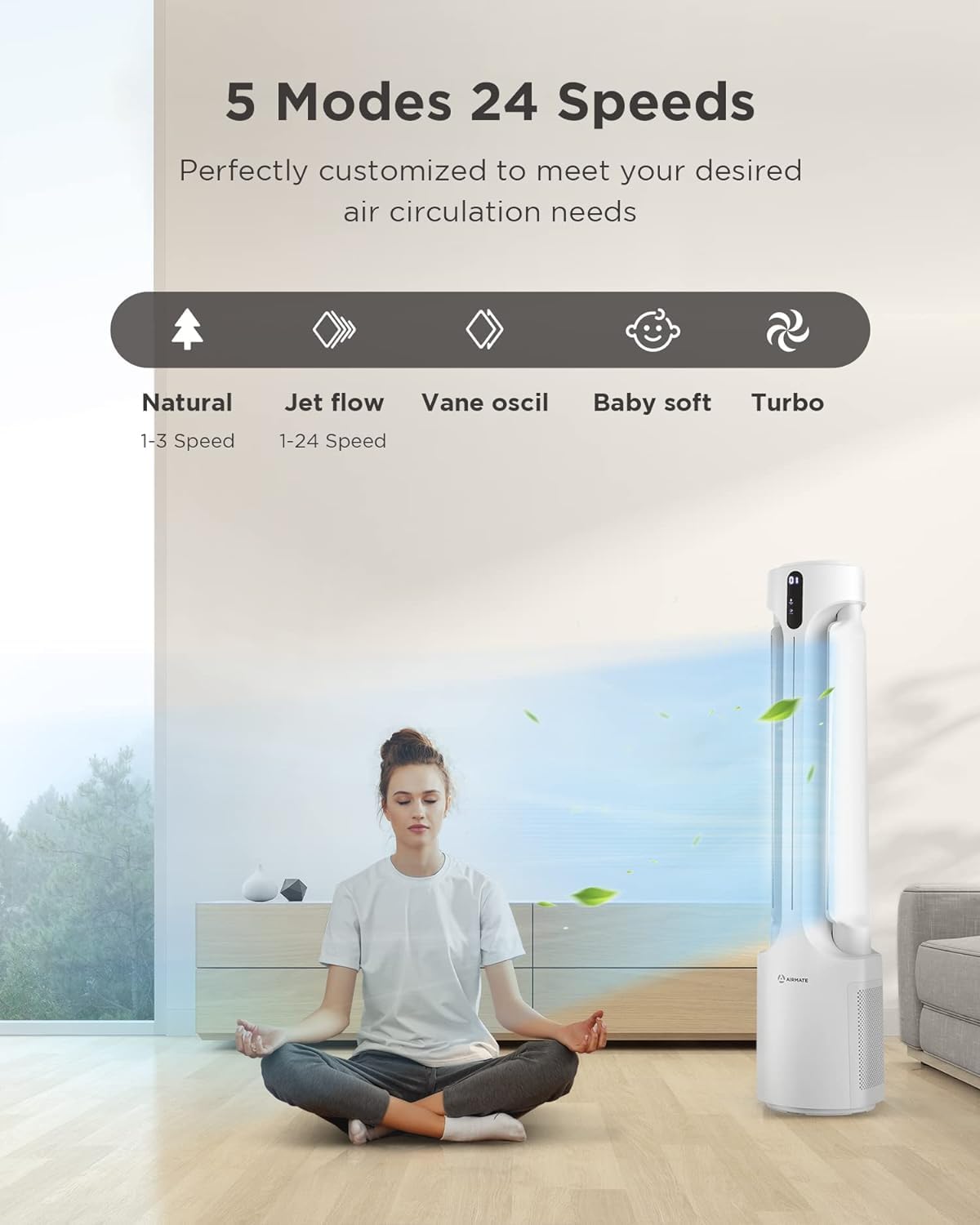 AIRMATE Air Purifier Bladeless Tower Fans, 1500CFM Large Air Volume, 45" 2-in-1 Standing Fan for Bedroom & Home, 28ft/s Velocity, 90° Oscillation, 24H Timer, Low Noise, White