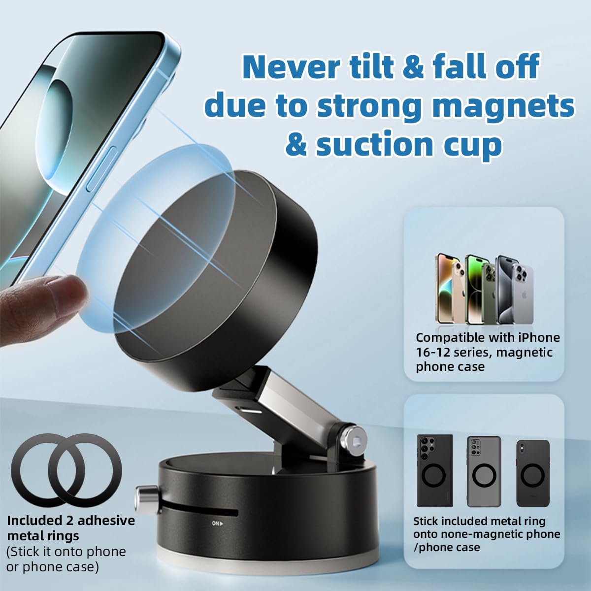 AUKSKY 17 16 15 14 13 12, Vacuum Magnetic Phone Holder, Foldable Car Mount with Windshield Suction Cup & Metal Ring