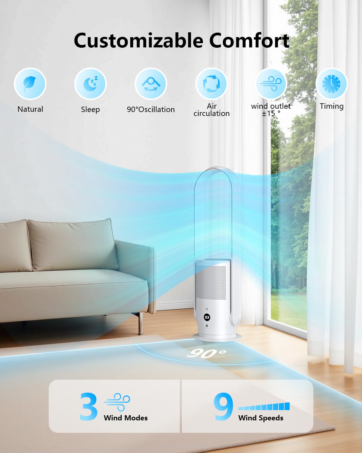 U ULTTY Bladeless Fan with Air Purifier, Quiet Tower Fan with Remote, Touch, 9 Speeds, 8H Timer, HEPA Filter 99.97%, 90° Oscillation Fans, Floor Fans Powerful for Home Office Room, CR022D White