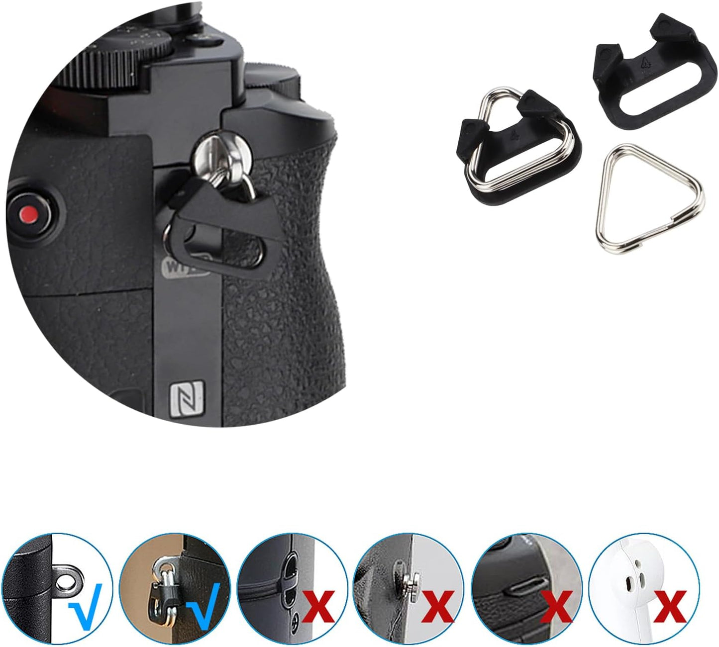 (2 Camera Strap Hook Triangle Split Ring Compatible with Sony Fuji DSLR Mirrorless Camera W/Round Eyelet Pair)