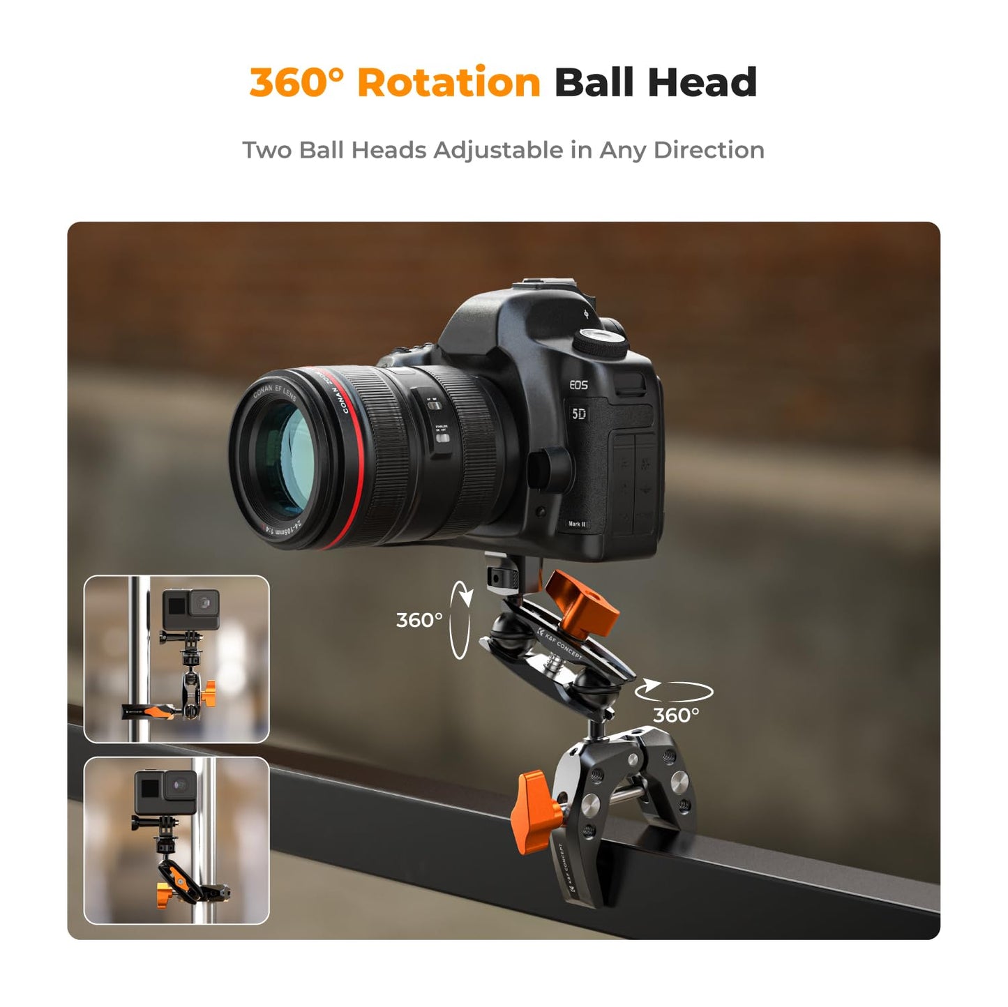 K&F CONCEPT Camera Clamp Mount, Super Clamp Mount Magic Arm with Two 360° Ball Heads, ARRI 1/4" Screw Threads for DSLRs, Action Camera, Tripod, Phone Compatible with Gopro/DJI/Insta360
