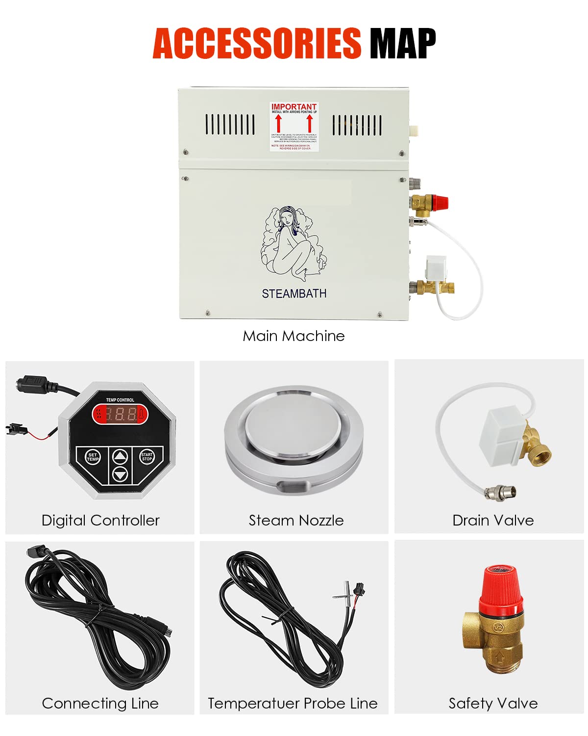 CGOLDENWALL 6KW Luxury Self-draining Steam Generator Shower Sauna Bath Home Steam Bath Spa Generator with waterproof Control and Auto Drain 95-131℉ For Max space heating 6 m³ (212 ft3)