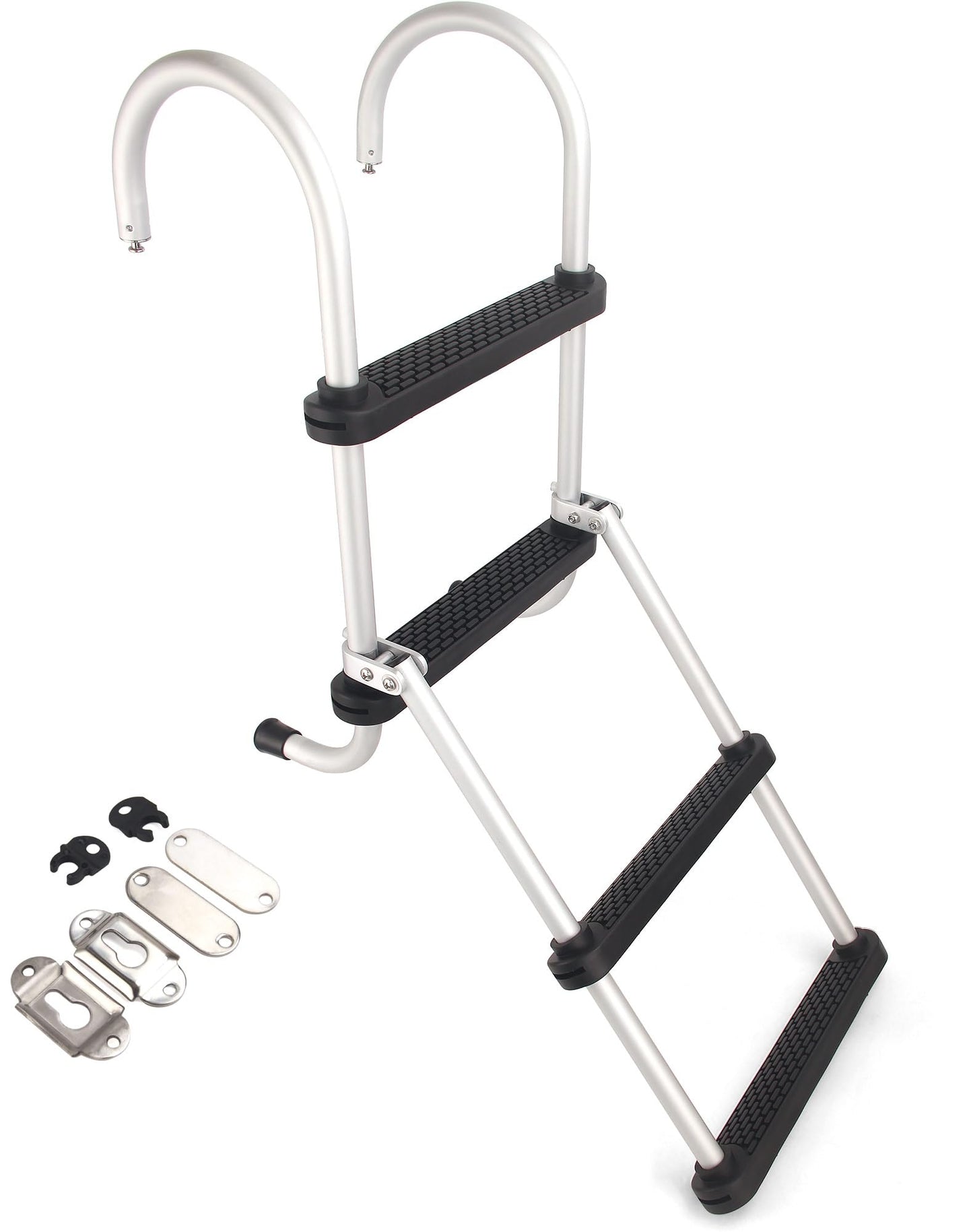 Mojiate 4-Step Aluminum Folding Boat Ladder | 500lb Capacity | Non-Slip Steps | Lightweight Removable Design for Pontoons, Yachts & Docks
