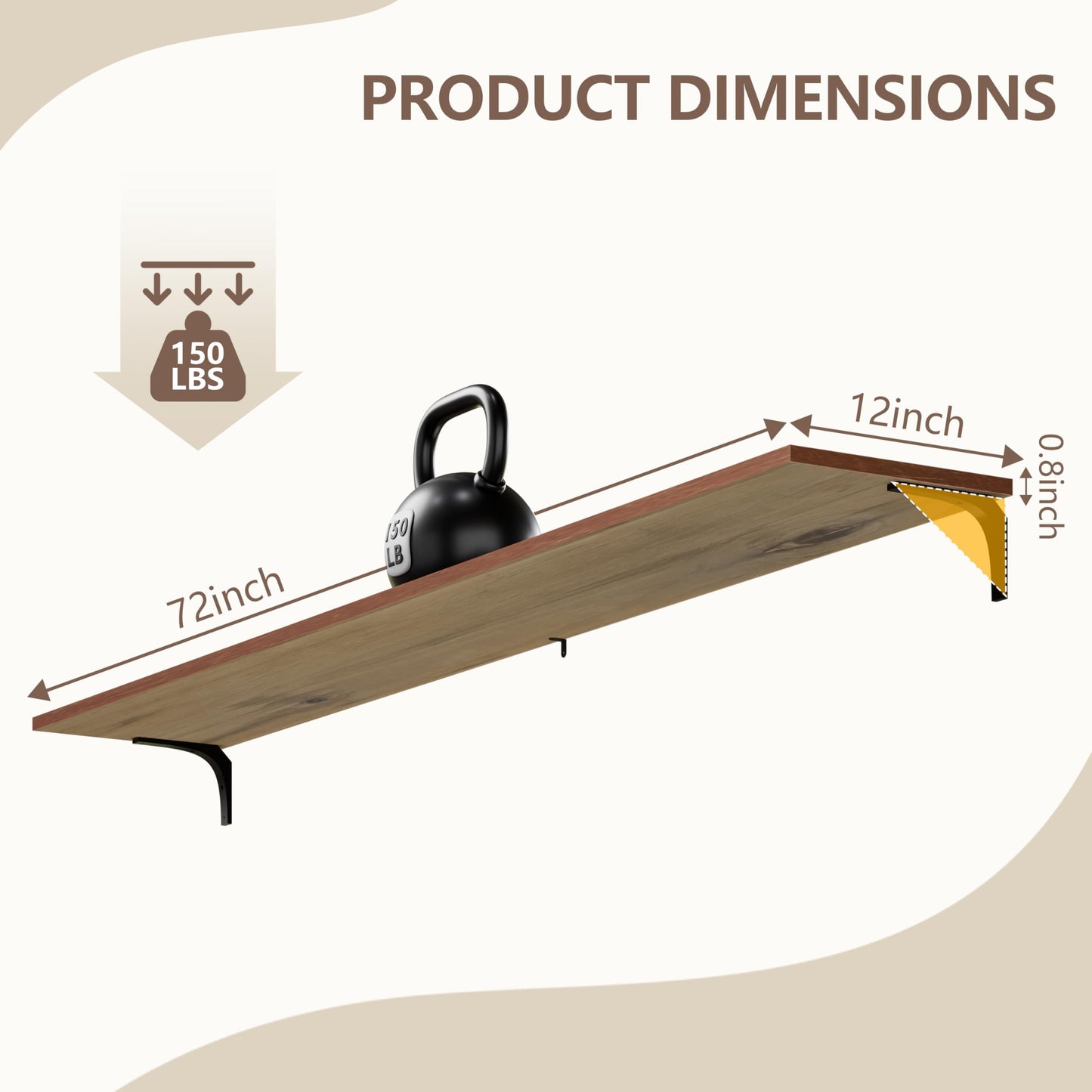 TEDIDUWA 12 Inch Deep Floating Shelves Set of 2, 72 Inch Extra Wide Brown Solid Wood Wall Shelves, 6ft Heavy Duty Farmhouse Wall Mounted Shelving for Kitchen, Living Room & Bedroom