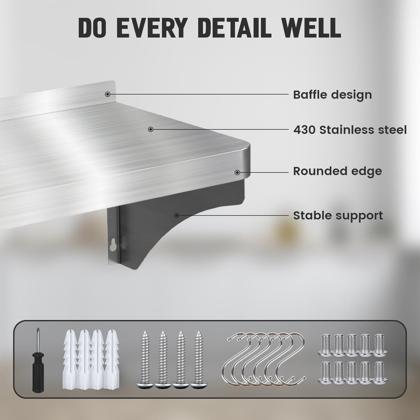 Commercial Stainless Steel Shelf 36" x 12" - 250lb Load Capacity, Heavy Duty Stainless Steel Wall Mounted Kitchen Shelf with Backsplash & 6 Hooks for Restaurant, Laundry