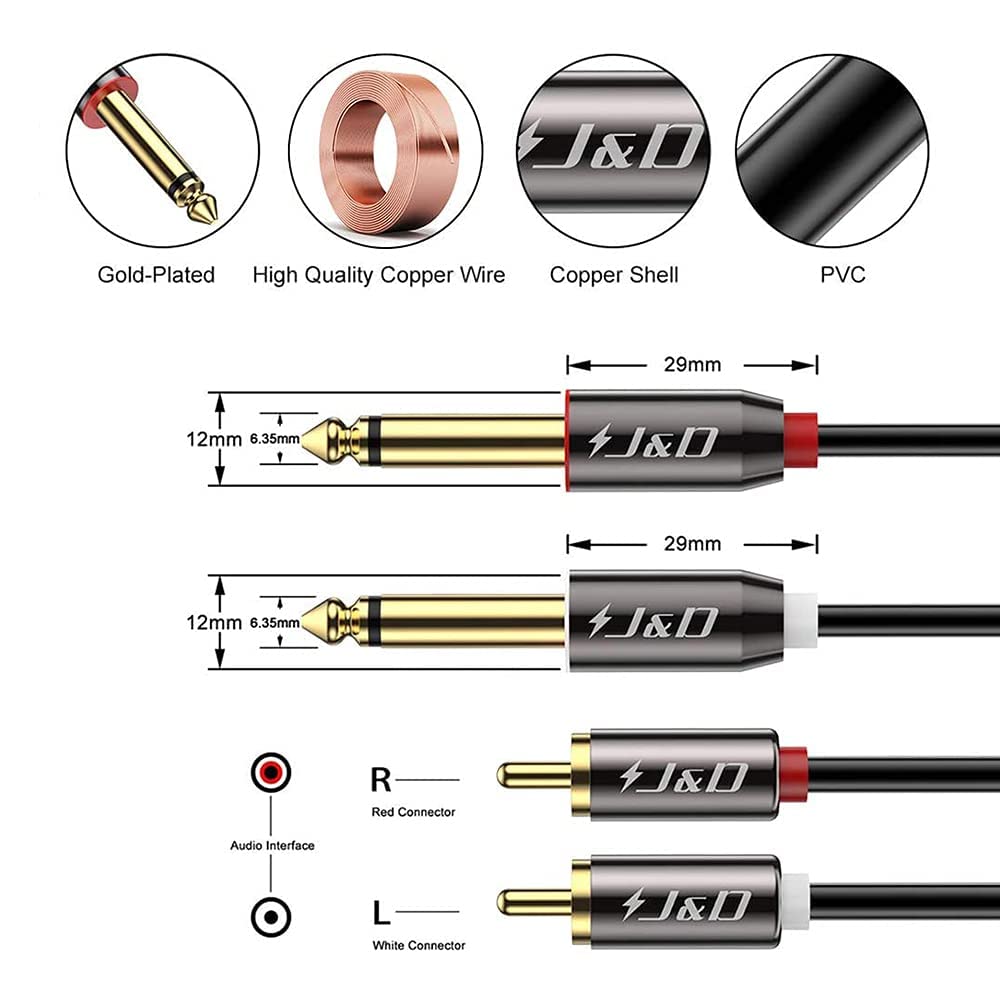 1/4 2X6.35mm 20 J&D to RCA Cable, Gold Plated Copper Shell Heavy Duty TS to Dual RCA Stereo Audio Interconnect Cord