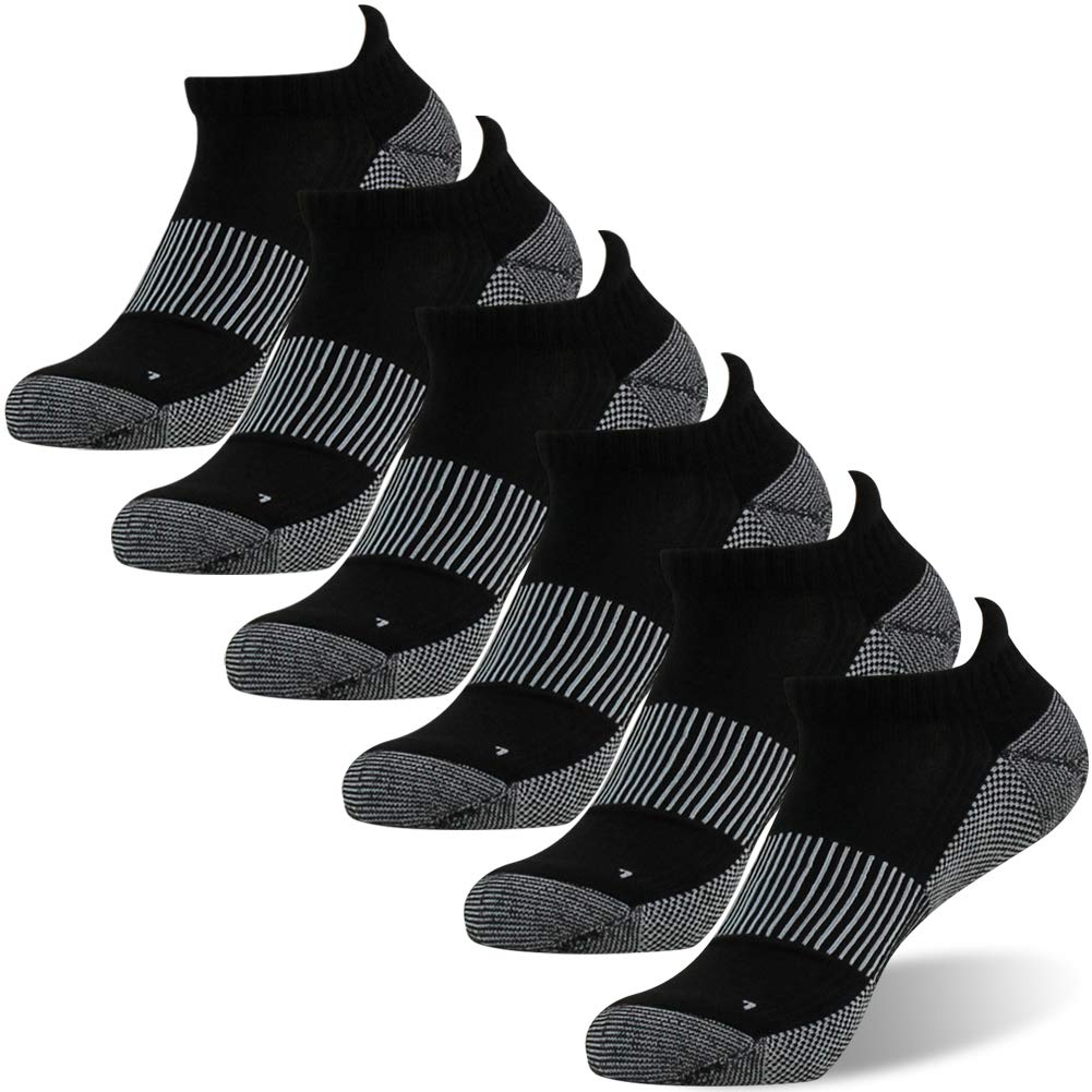 FOOTPLUS 6 Pairs Copper Running Socks,Men Women Thick Cushioned Low Cut Jogging Golf Tennis Arch Support Compression Marathon Athletic Sweat Ankle Yoga Gym Travel Socks,Black, L
