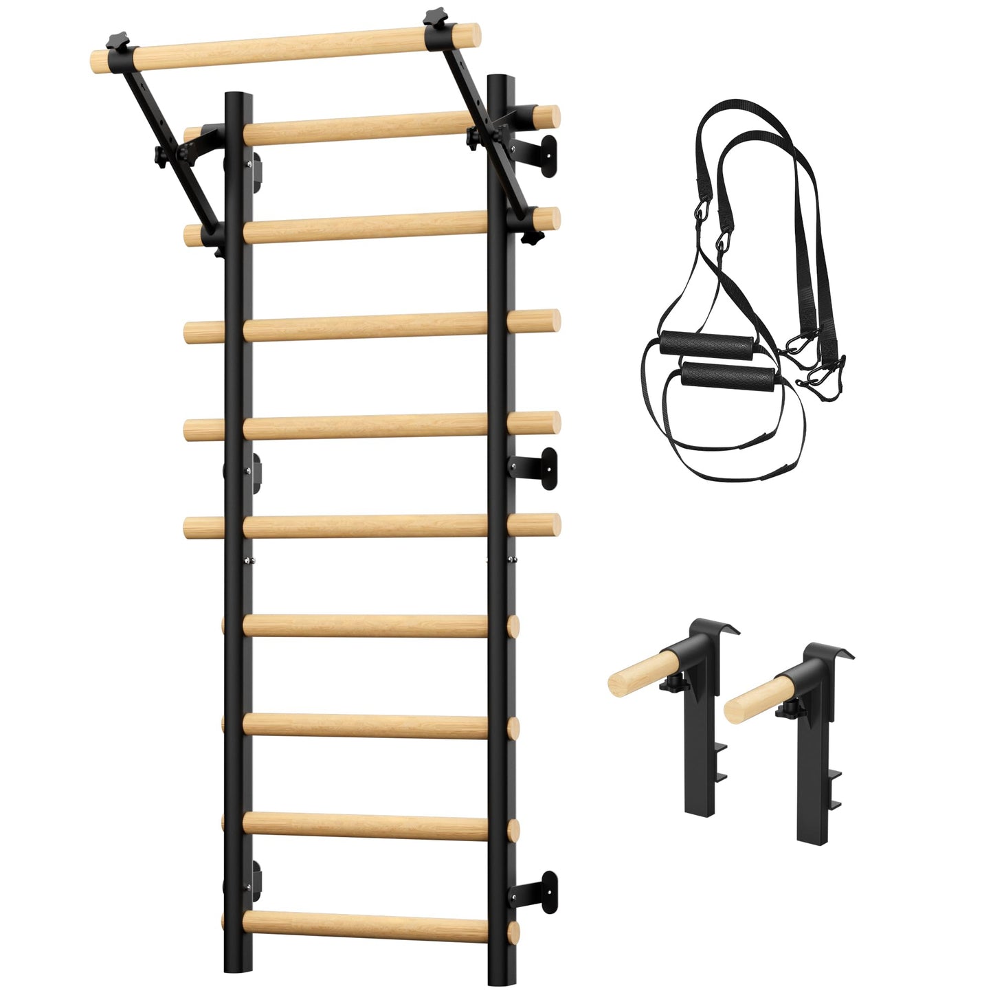 Cofiyard Swedish Ladder Wall Gym, Wooden Wall-Mounted Stall Bars with Pull-up Bar & Exercise Straps & Dip Bars, Stretching Ladder Full Body Home Gym Adults New