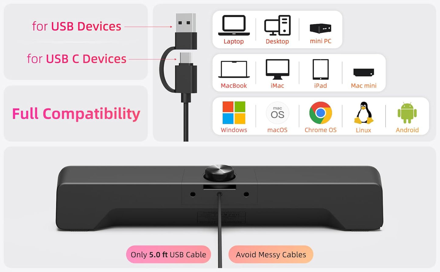 XKX Computer Speakers Soundbar for Desktop PC Mac, USB Plug-in, Wired, External Speakers for Laptop Desk Monitor, RGB