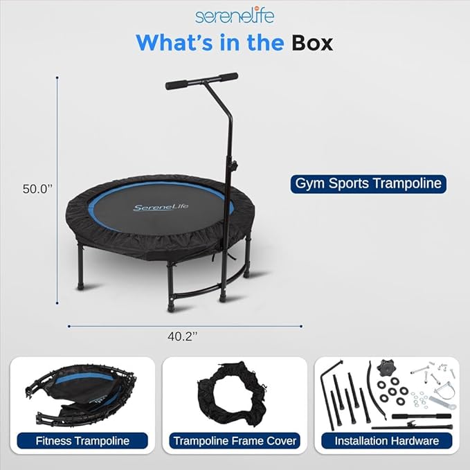 SereneLife 40"/50" Mini Trampoline for Adults - 450/550LBS Fitness Trampoline with Reinforced Springs & Adjustable Safety Handle - Stable & Quiet Supports Whole-Body Workout & Relaxation