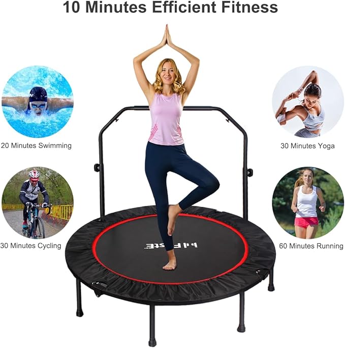 FirstE Mini Fitness Trampoline for Adults, Foldable Exercise Trampoline with Adjustable Foam Handle, Rebounder Trampoline for Bounce Workout Indoor/Garden