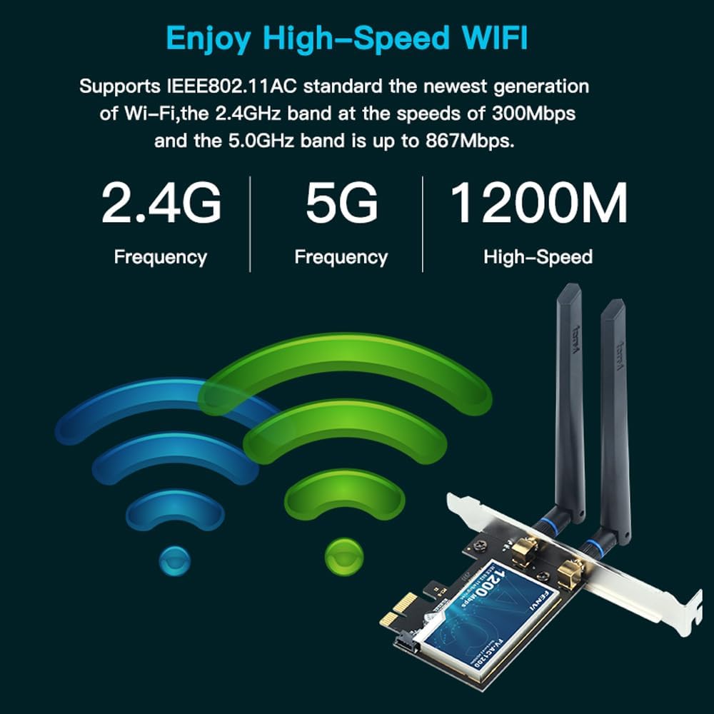 F FENVI AC1200 2.4GHz 5GHz 4.0, 11/10/8/7 FENVI Wireless WiFi PCIe Card for Desktop PC, Dual Band & with Bluetooth Low