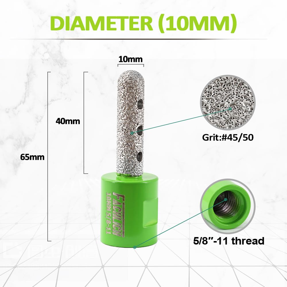 Diamond Finger Milling Bit 10mm - FACHLICH 5/8" 11 Thread and FACHLICH Diamond Core Drill Bits Set - Tile Hole Saw Kit 6/8/10/25/35/50/75/127MM+20F with 2" Diamond Beveling Chamfer Bits
