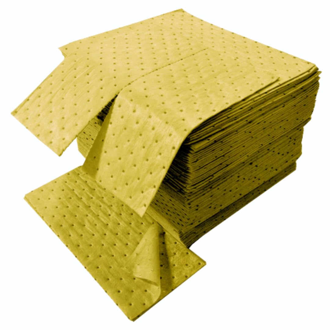 Chemical Absorbent Pads - Absorb Agressive Chemicals, Acids, Alkalis - Spill Control Sheets - 16" x 18", 100 Sheets, Sonic Bonded Core with Spun Bound Top Layer, Yellow - Indoor/Outdoor Use