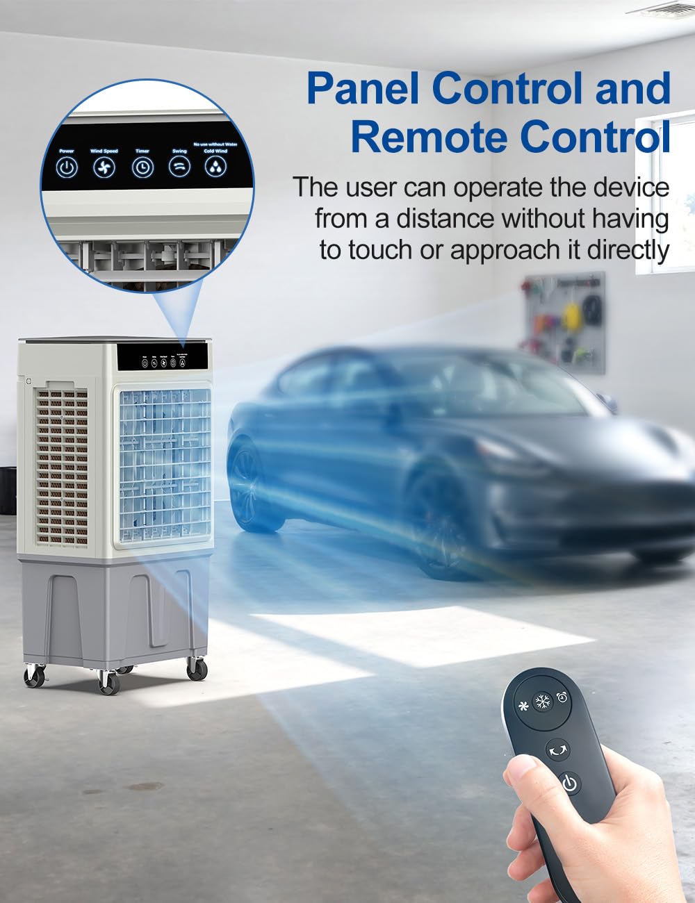 Large Swamp Cooler Air Conditioner, 2200CFM Evaporative Air Cooler, 24H Timer & 8 Gal Water Tank, 100°Oscillation, 3 Speeds&4 Ice Boxes,Remote, Portable Cooling Fan for Garage Outdoor, Extra Large