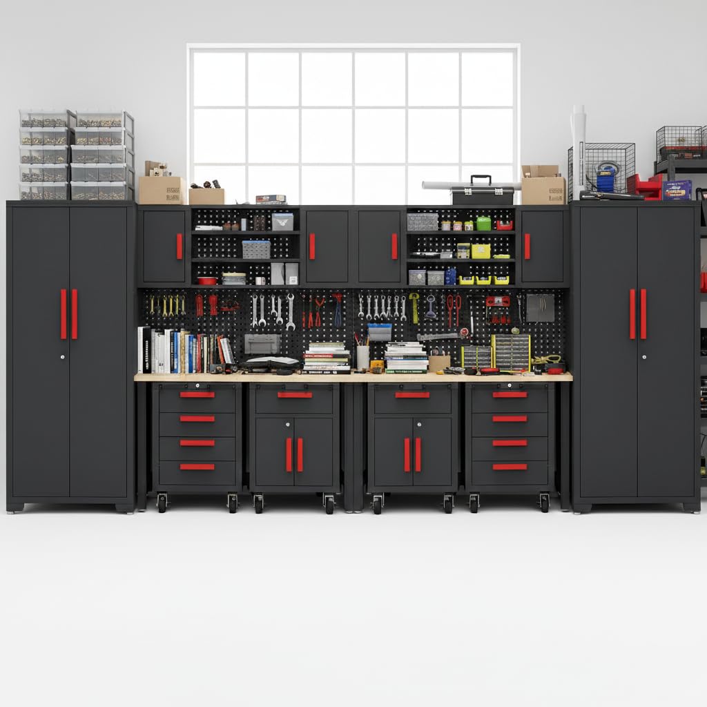 Tsnritor Garage Storage Cabinet System, 12PCS Garage Cabinets and Storage System Kit Workshop Set with Steel Cabinet, Cabinet Drawers, Workbench, Red Handle