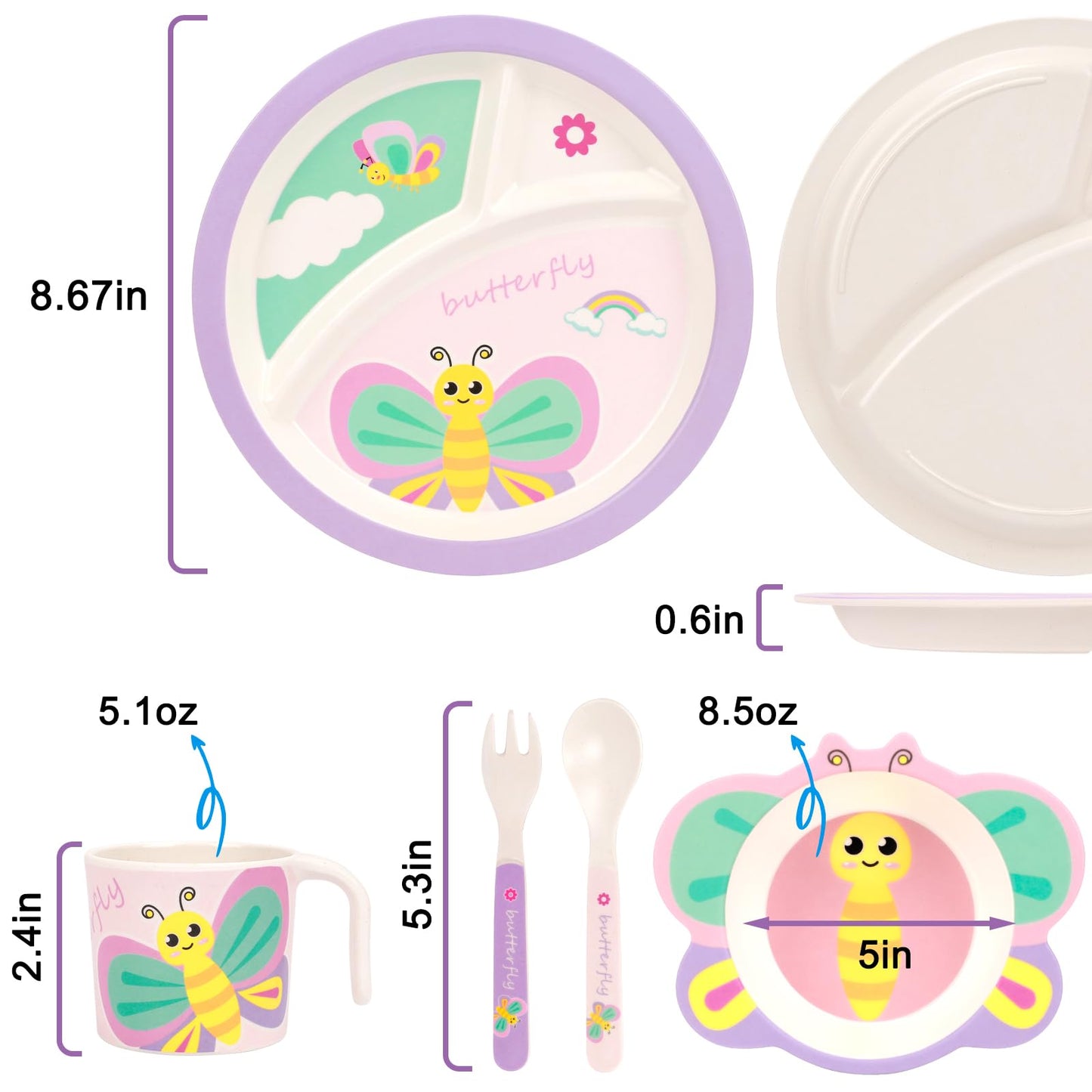 PHEENOWL Kids Dinnerware Set, Includes Toddler Plate Bowl Tumbler and Utensils, BPA Free Bamboo Fiber Material Perfect for Little Girls (Purple - Butterfly Theme)