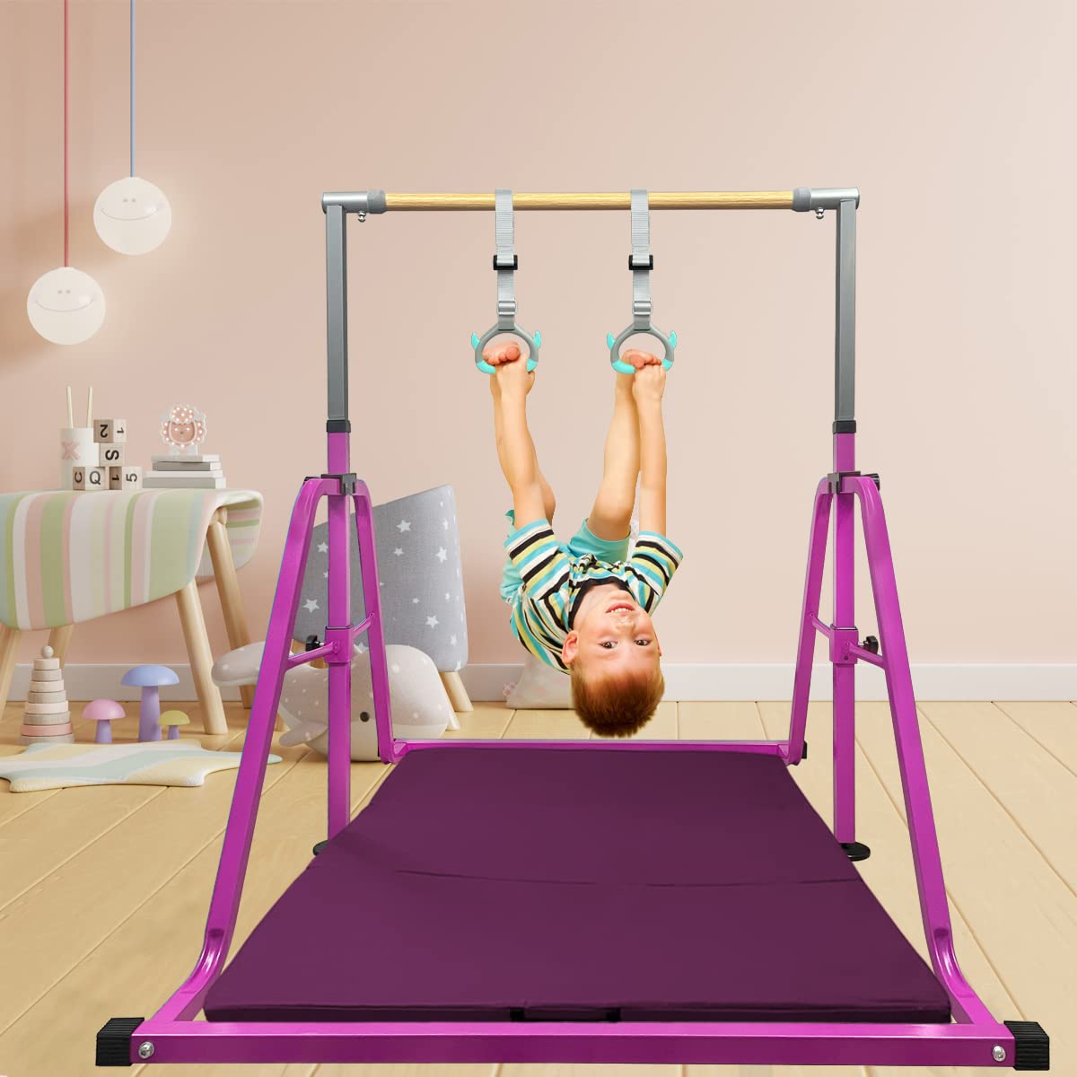 GLANT Gymnastics Bar for Kids with Swing Set, 8 Heights Adjustable Easy Folding Gymnastic Training Bar Kids Monkey Horizontal Bars - Max Load 300LBS (Purple-MAT)