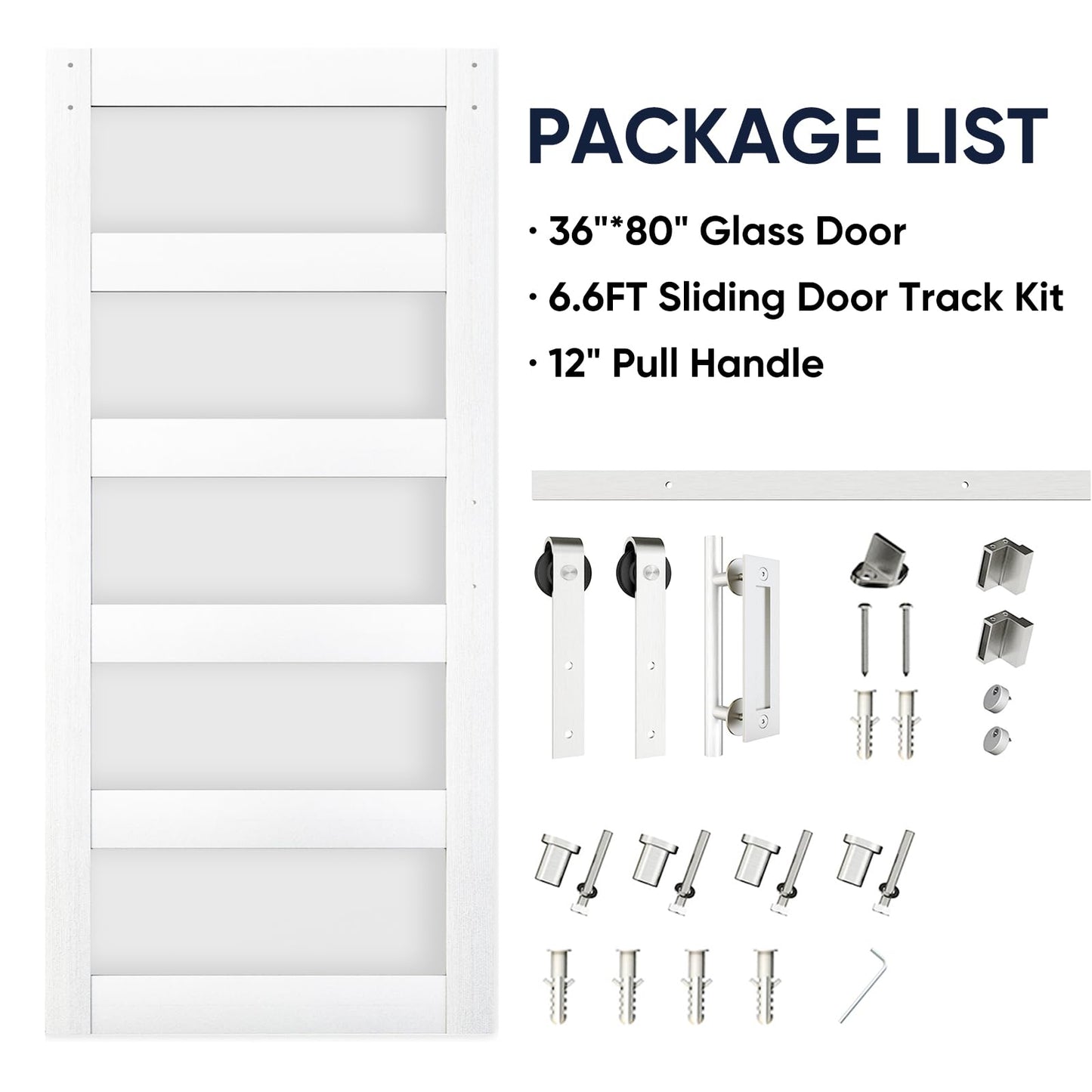 BARNSMITH 36in x 80in 5-Panel Glass Barn Door with 6.6FT Brushed Nickle Sliding Door Hardware Included & Handle, Frosted Glass Solid Wood Water-Proof PVC Surface,Pre-Drilled Easy Assembly,White