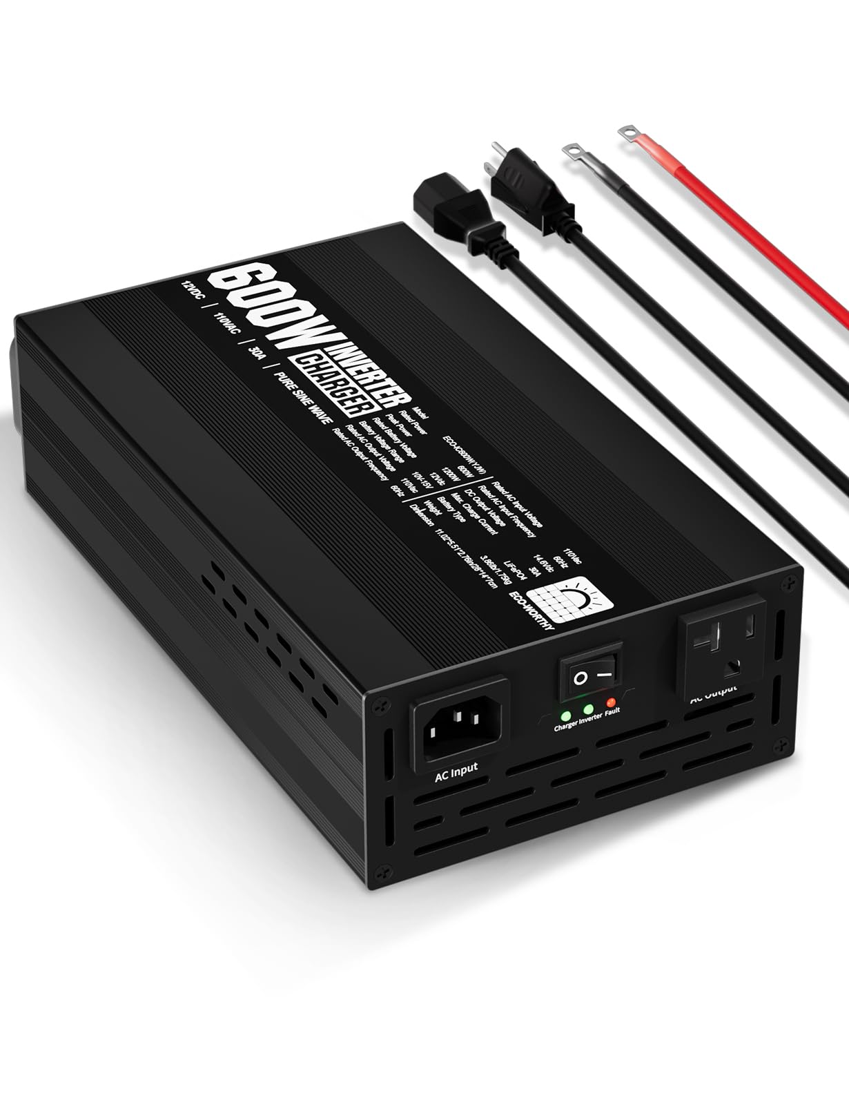 ECO-WORTHY 600W Inverter Charger, 600W Pure Sine Wave Inverter & 30A LiFePO4 Battery Charger with 20ms UPS, DC 12V to AC 110V, Output Surge 1200W, for RV Lithium Batteries Roadtrip Essentials