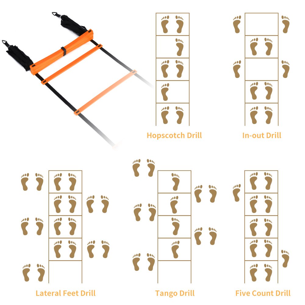 YISSVIC Agility Ladder and Cones 20 Feet 12 Adjustable Rungs Fitness Speed Training Equipment,1 Carry Bags, 10 Cones, 4 Stakes, Basketball, Soccer (20 feet Orange)
