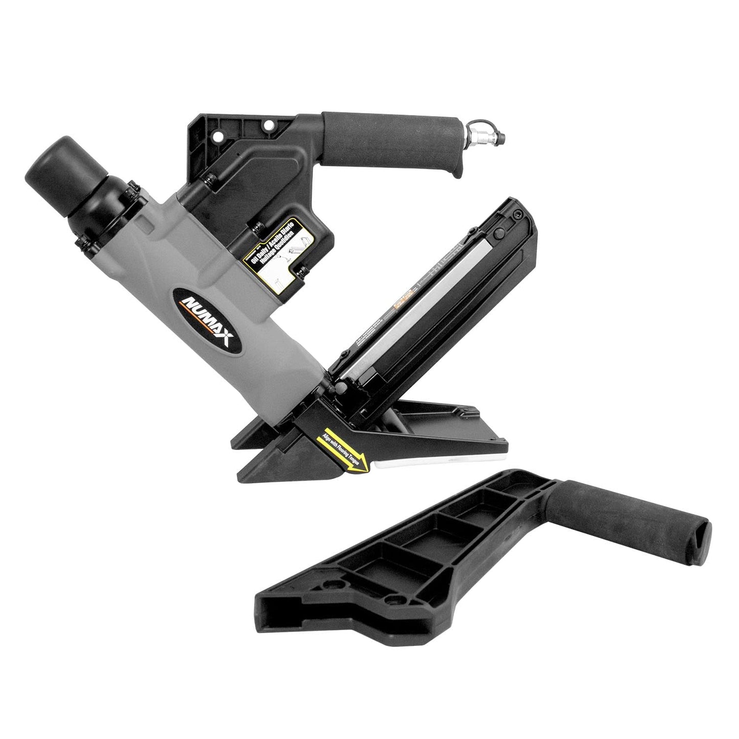 NuMax S50LSDH Pneumatic 2-in-1 15.5-Gauge and 16-Gauge 2" Dual Handle Flooring Nailer / Stapler with Flooring Mallet and Interchangeable Base Plates