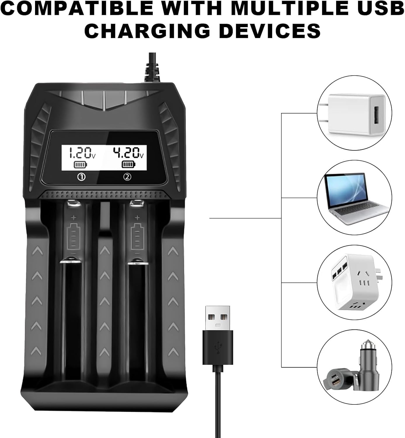 WAVYPO 18650 2 21700 LiFePO4 Battery Charger, Bays Smart Universal Charger with LCD Display for Rechargeable Batteries