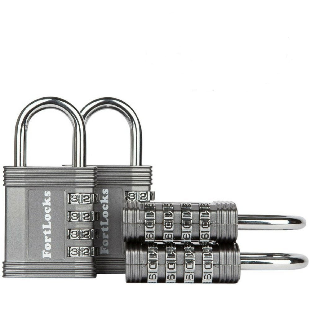 FortLocks Padlock - 4 Digit Combination Lock for Gym Outdoor & School Locker, Fence, Case & Shed – Heavy Duty Resettable Set Your Own Combo – Waterproof & Weatherproof (4 Pack - Silver)