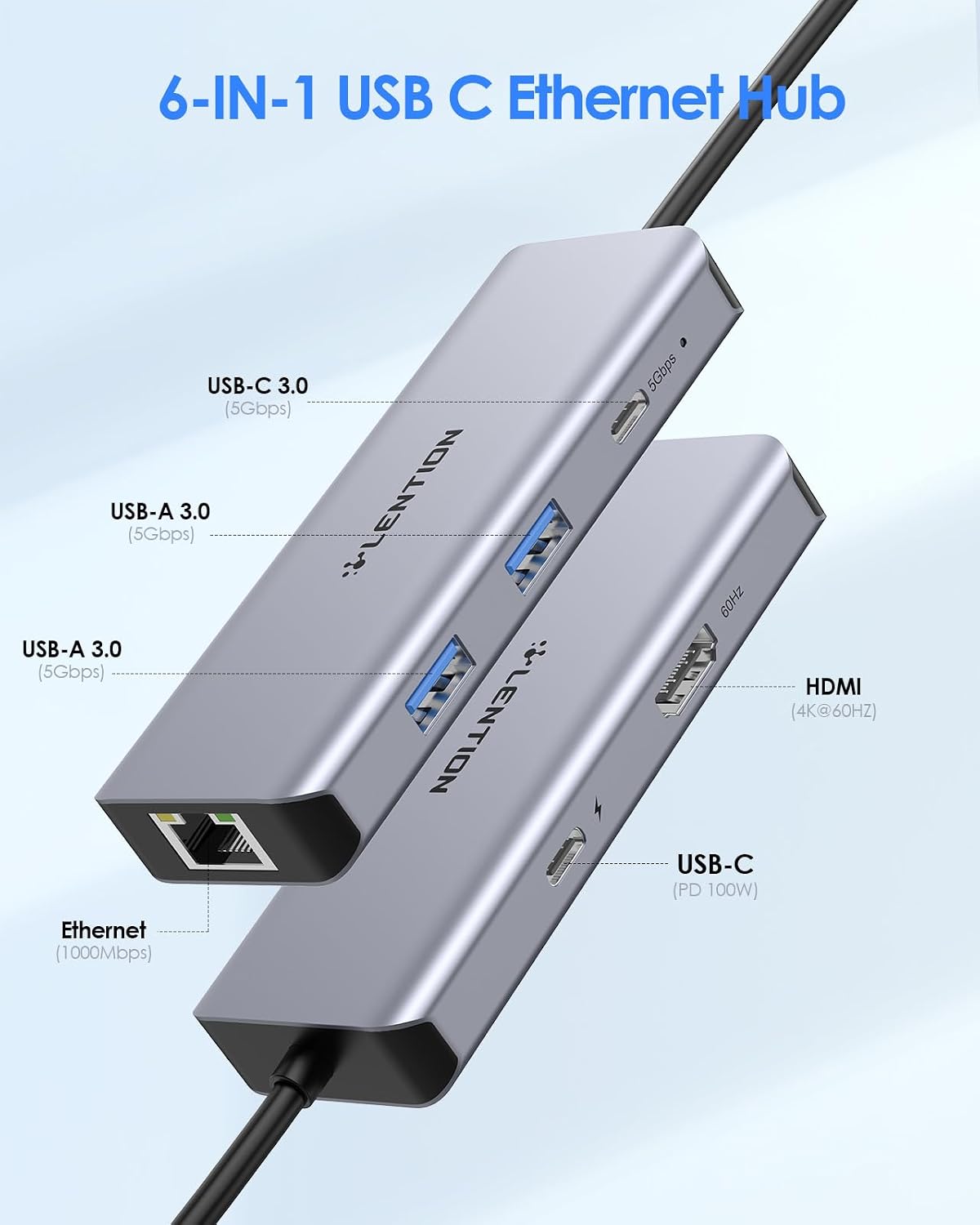 LENTION 6-in-1 4K@60Hz 100W 3X 3.0 (C26, USB C Hub with Gigabit Ethernet, HDMI, PD Fast Charging, USB Docking Station
