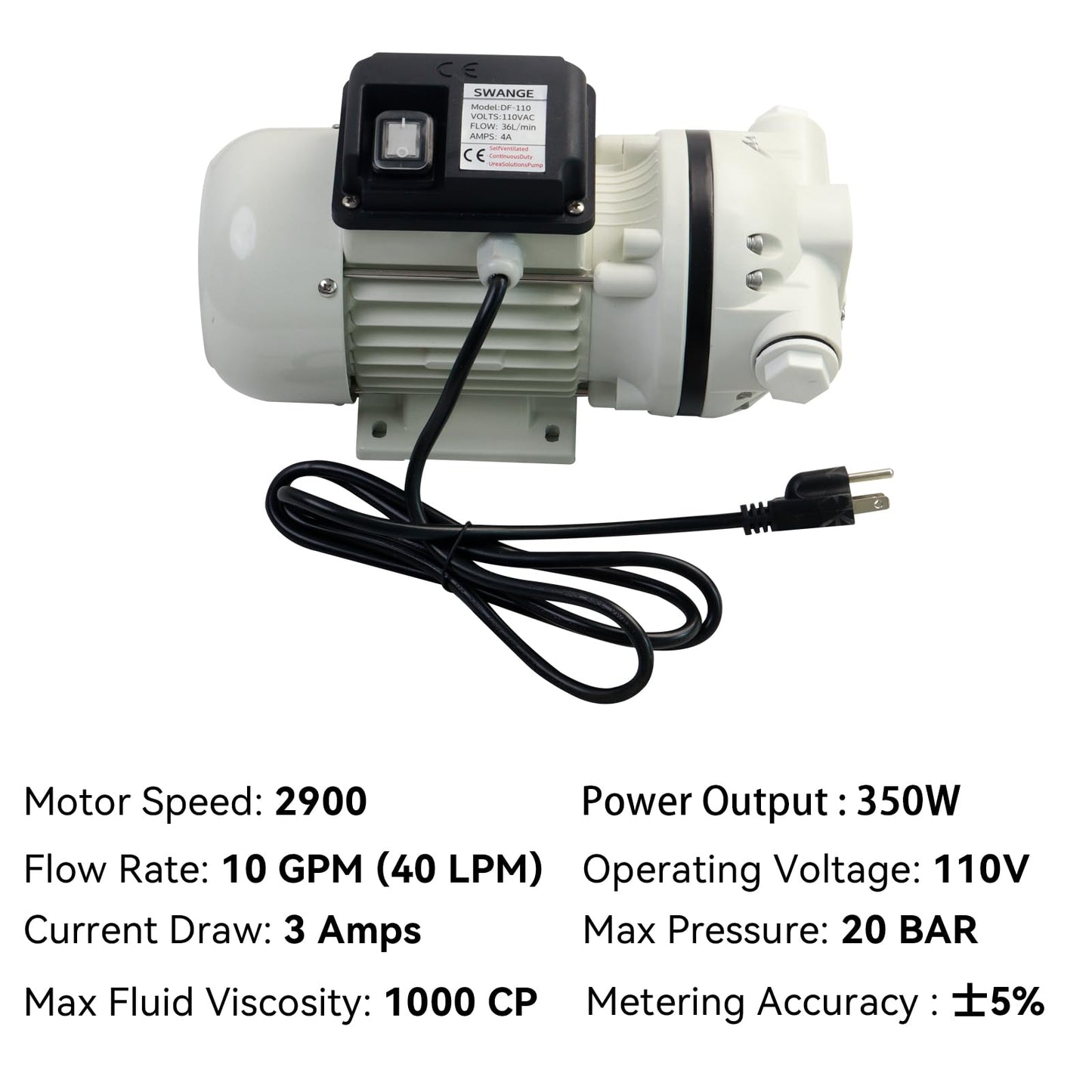 SWANGE 10GPM DEF Transfer Pump Kit, 110V 550W Self-Priming, w/DEF Nozzle, for Truck Tractor Farm Urea/DEF Fluid Transfer Solution