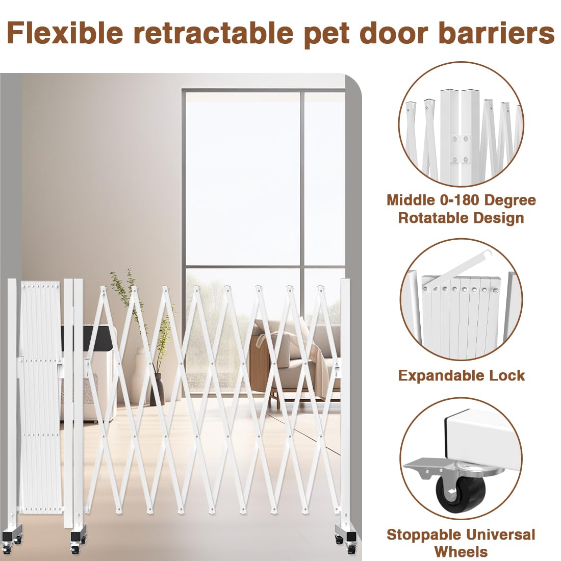 Expandable Driveway Gate, Portable Barricade Gate with Casters, Metal Folding Security Gate, 209" Wide Aluminum Expandable Garden Fence, Outdoor Dog Fence for Yard (White, 213)
