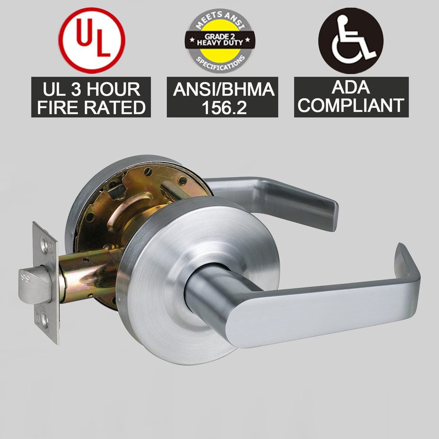 HISAFE Keyed Entry & Passage Commercial Door Locks Heavy Duty Grade 2 Lever, Non-Handed, UL 3 Hour Fire Rated, ADA Compliant, Satin Chrome Finish 26D, 2-3/4''Backset
