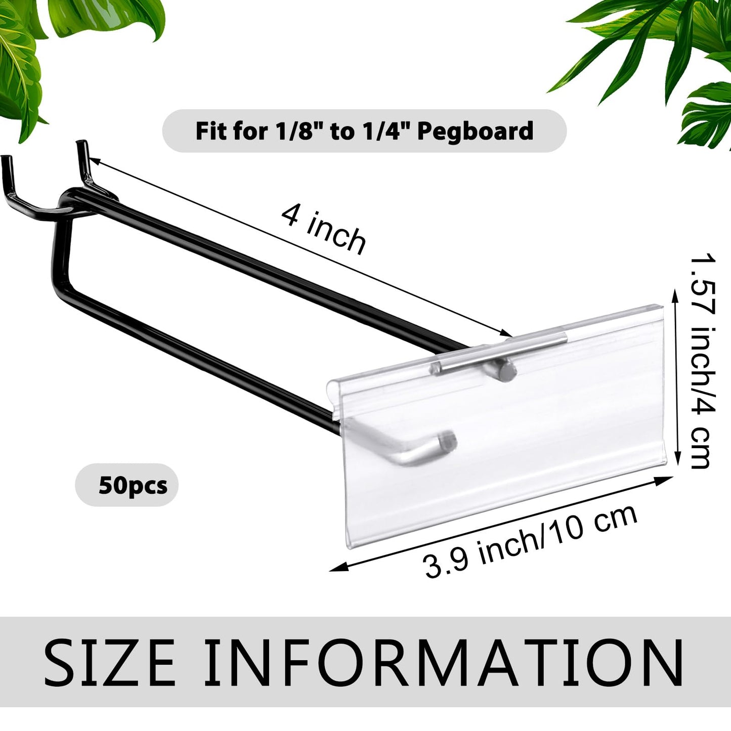 Tandefio 50 Pack 4 Inch Black Metal Peg Board Hooks with Clear Plastic Label Holder Stainless Steel Display Pegboard Hooks for 1/8'' to 1/4'' Pegboard Wall for Garage Storage Retail Shop Supplies