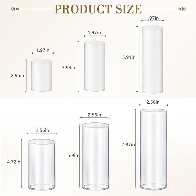 12 PCS White Pillar Candles with Glass Candle Holders Clear Hurricane Candle Holders Glass Cylinder Vases for Centerpieces Wedding Party, Event, Home Office (6 Candles+6 Candle Hoders)